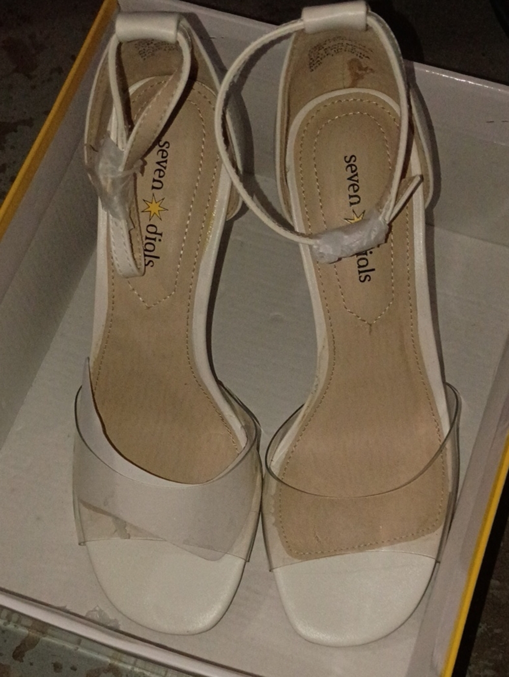 Seven Dials White Ankle-Strap Clear Band Block Heel Sandals